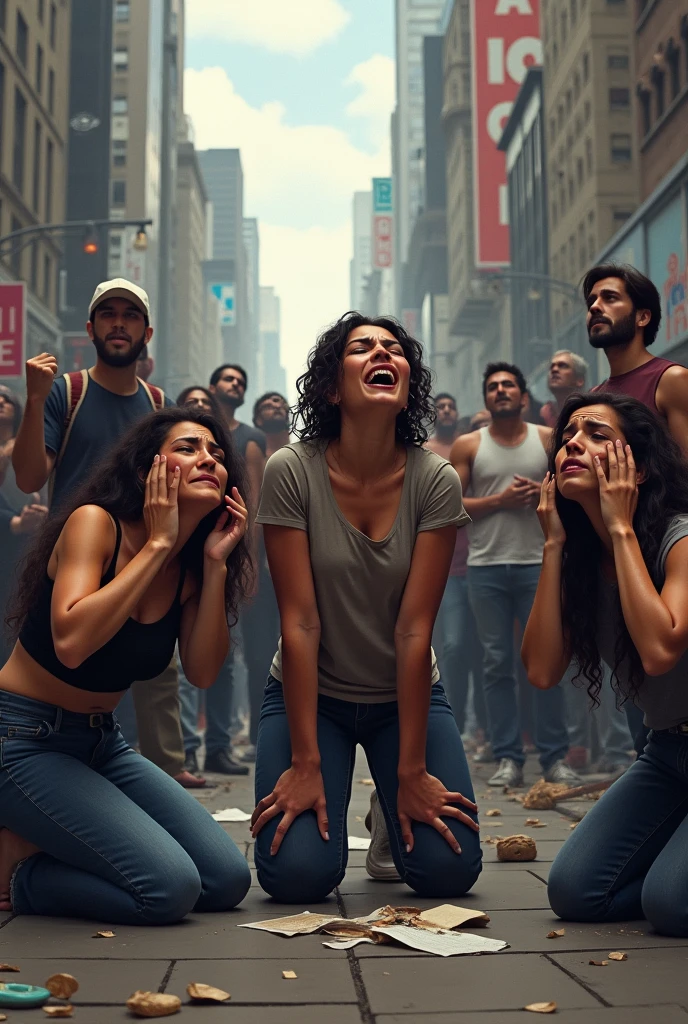 Create a group of casually dressed men and women crying and distressed in a city square standing with their hands on their heads and others kneeling and others looking up 