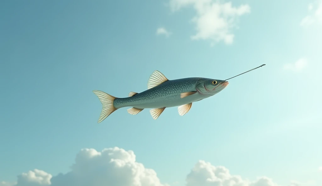 Photorealistic、Ultra HD、A loach is flying in the sky facing up、There is an arrow pointing up