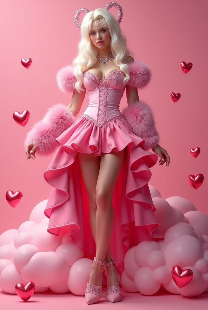 A drag look for a tall, slender person with a love-themed outfit, featuring a heart-shaped hairstyle. The outfit includes a corset and a short skirt with multiple layers, adorned with fur on the sleeves. The outfit is pink, sexy, and playful. The background is pink with floating hearts, and the character is sitting on a cloud. The outfit is unique and stands out.