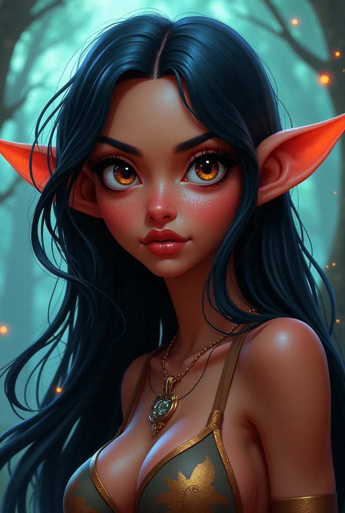 elf woman, exuberante, with long, straight black hair, dark-skinned, small ears, silver jewelry and dark eyes