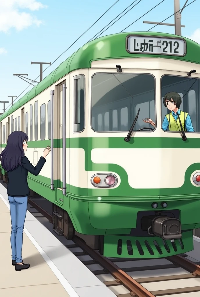 An image where a green and white train appears and inside there is a driver with a green vest and a light blue shirt. (greeting) y afuera esté una chica con cabello oscuro y largo greeting al conductor con jean celeste y casaca negra, animated as drawing (don't anime)
