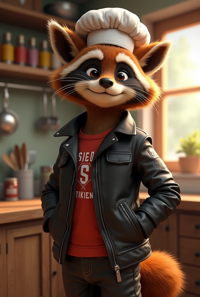 Generate the image of a half raccoon half fox animal, called kuzco, He is wearing a leather jacket and a chef's hat and is in a kitchen.