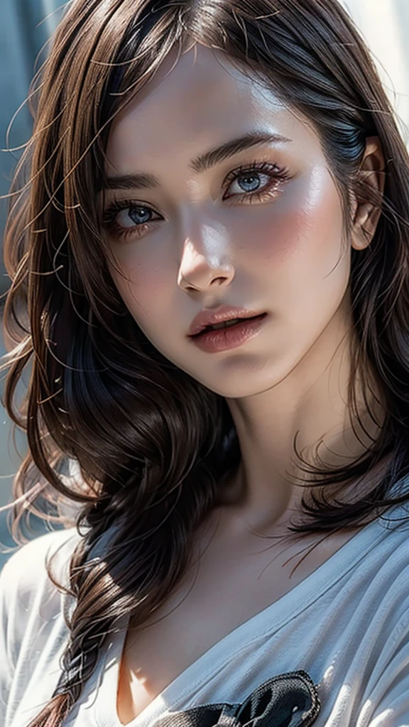 Dressed, (photo Realistic:1.2), (hyper Realistic:1.2), (Realistic:1.2),, (Smoother lighting:1.05), (Improving the lighting quality of movies:0.9), 32K,, One girl,20 years old, Realistic lighting, Backlight, Light on the face, Ray-tracing, (Bright light:1.2), (Improvement of quality:1.4),, (Highest Quality Real Texture Skins:1.4), Detailed drawn eyes, Detailed painted face, Quality Eyes,, (Tired, sleepy and satisfied:0.0), Face close-up, T-Shirts,, (Enhance the mood of your body line:1.1), (Enhances the beauty of skin texture:1.1)