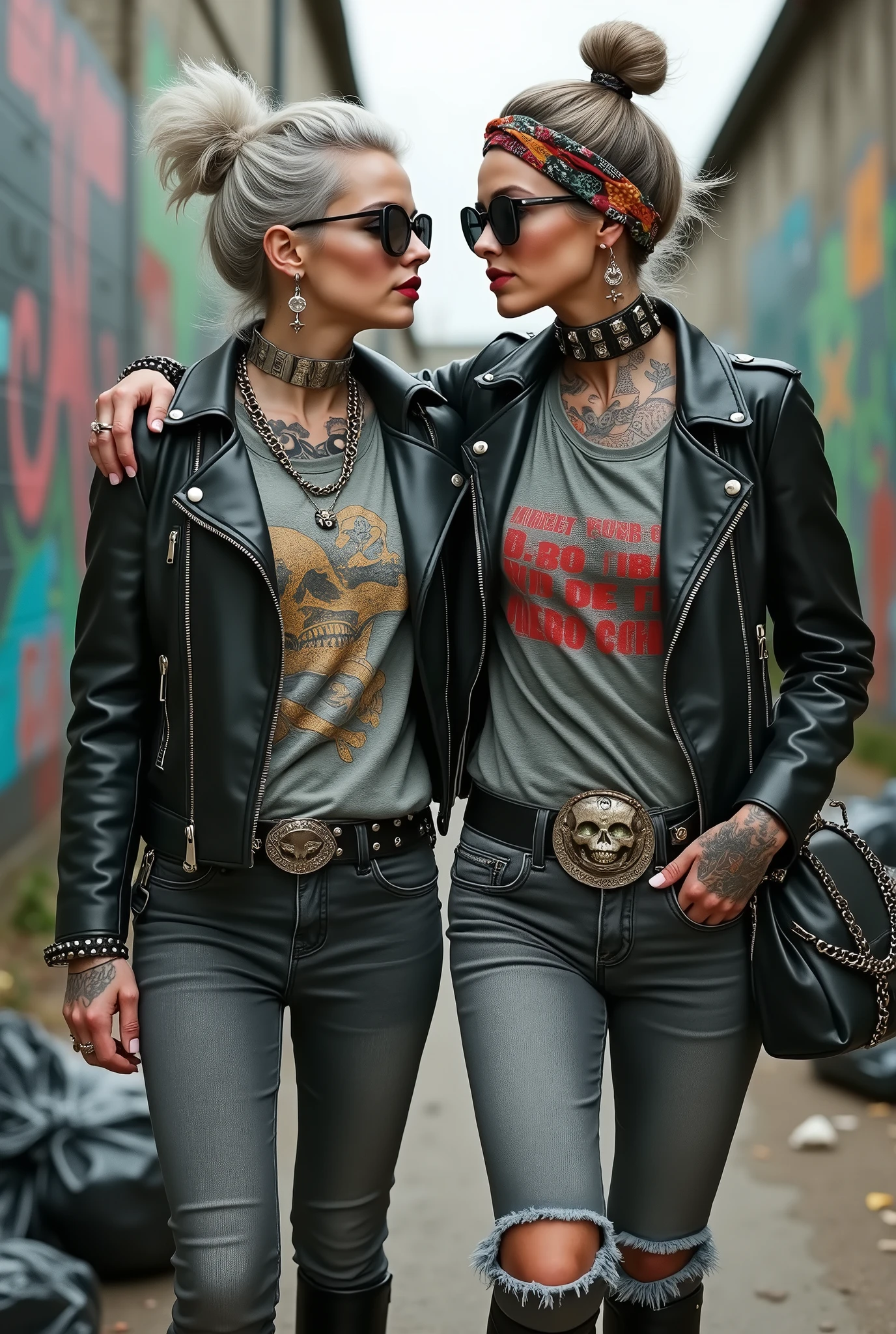 Two russian milf women, one with the arm over the shoulder of the other (who feels a bit dizzy). grey hair (one: bouffant, top bun. The other, straight and middle part}and one wearing oversized square sunglasses and wide colourful bandana as headband), with very light green eyes, extremely pale. Big lips. No tan. Wearing aged black moto jacket (zippers on the side, skull and bones pins). Both: different old worn grey t-shirt with rock band logo. Both,, dark skinny low rise grey jeans with holes on knees ( patched with colourful fabric). Both:, dark grey worn jeans {with holes on knees) tucked in black leather knee high boots. . Lots of thick wide studded bracelets, chain collars and big rings. Both, high boots. Tacky wide studded leather belt with big skull and bones oval buckle. Long earrings with chains and feathers. Walking with hands in pockets, stretching her neck, craving., Neck, chest, stomach and wrists heavily tattoed. Toned abdominals, thin neck, slim legs and thin arms. Narrow hips and slim legs. Black leather studded tote bags. Graffitied wall behind, waste on the groun and piled garbage bags around.