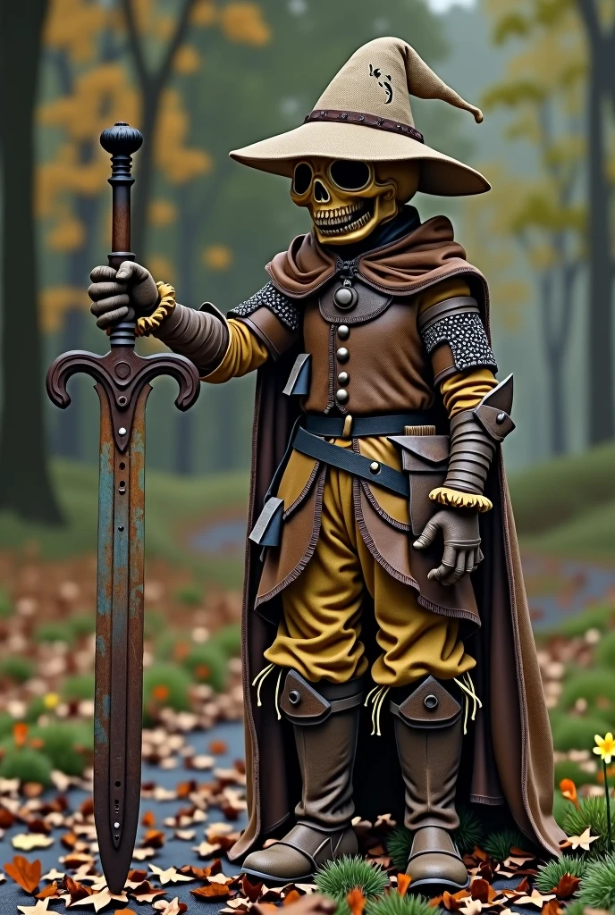 a scarecrow knight with a rusty sword