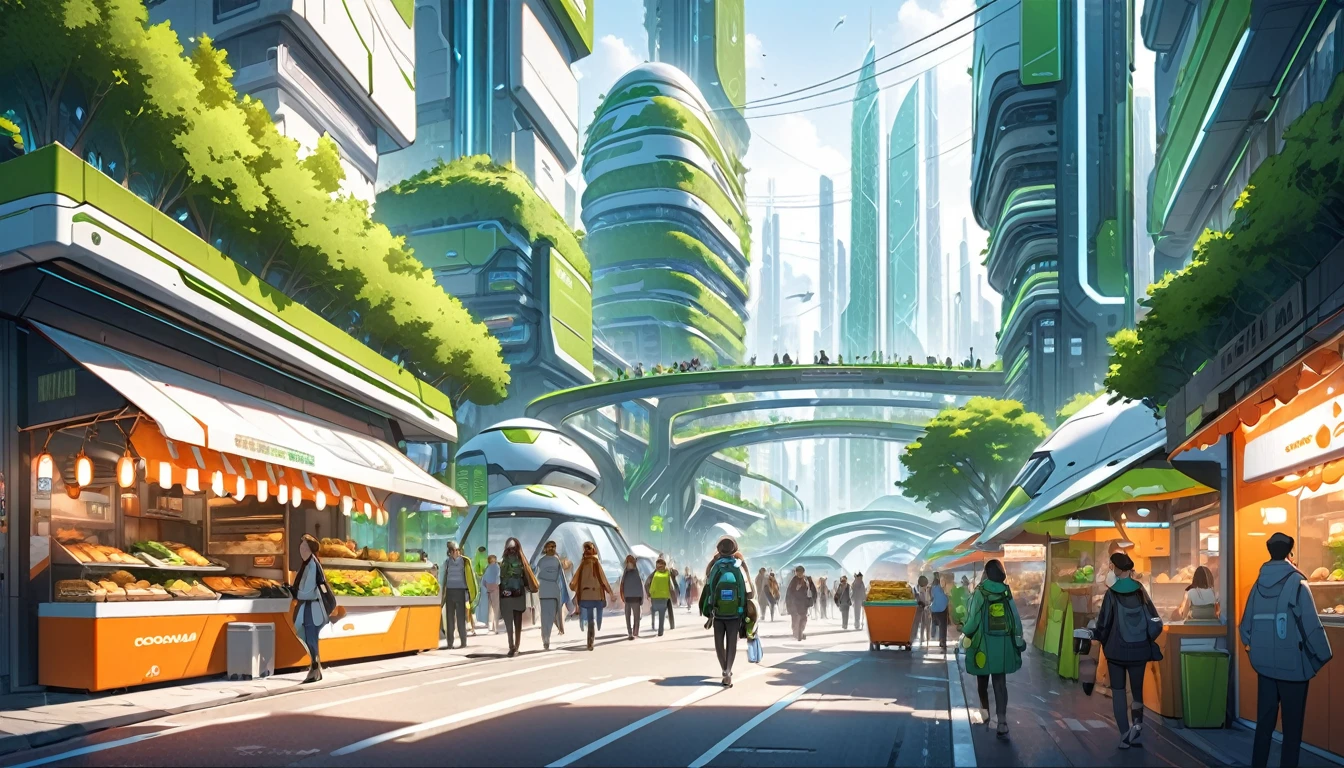 Everyday scene of an ecofuturistic city, People walking in the streets of a big ecological futuristic city, renewable energies, clean street food stalls