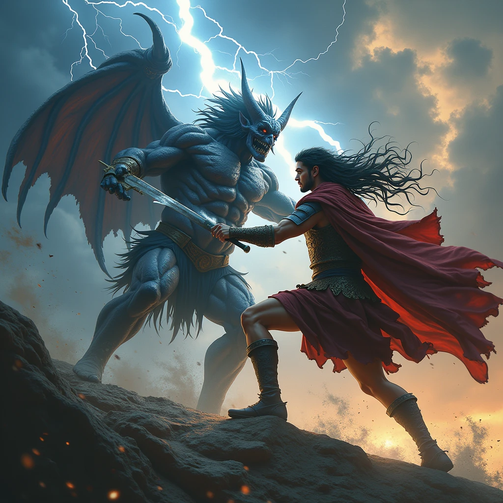 A young Roman with a scary dark face and long hair and the power of thunder who is fighting a great legendary demon