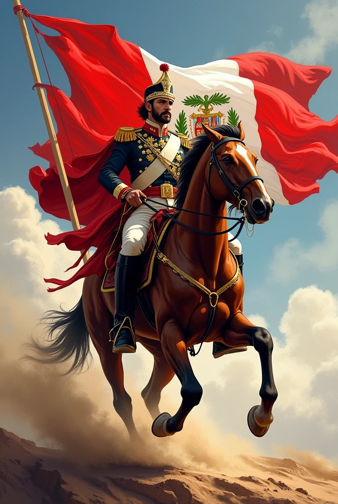 illustration: An image of José de San Martín on horseback, with the Peruvian flag waving in the wind, symbolizing his leadership in the fight for independence.