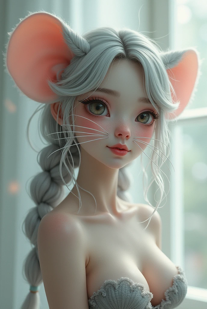 one girl, mice ears, , pure, cute naked, topless, a Woman mice mix, human Body, big tits, furry and skin, hairy nose , whiskers big eyes, Grey fur, Cat eyes, hybride 30 %mice an 70 % human, face mostly woman, Grey Hair , braid, Body Grey Hair