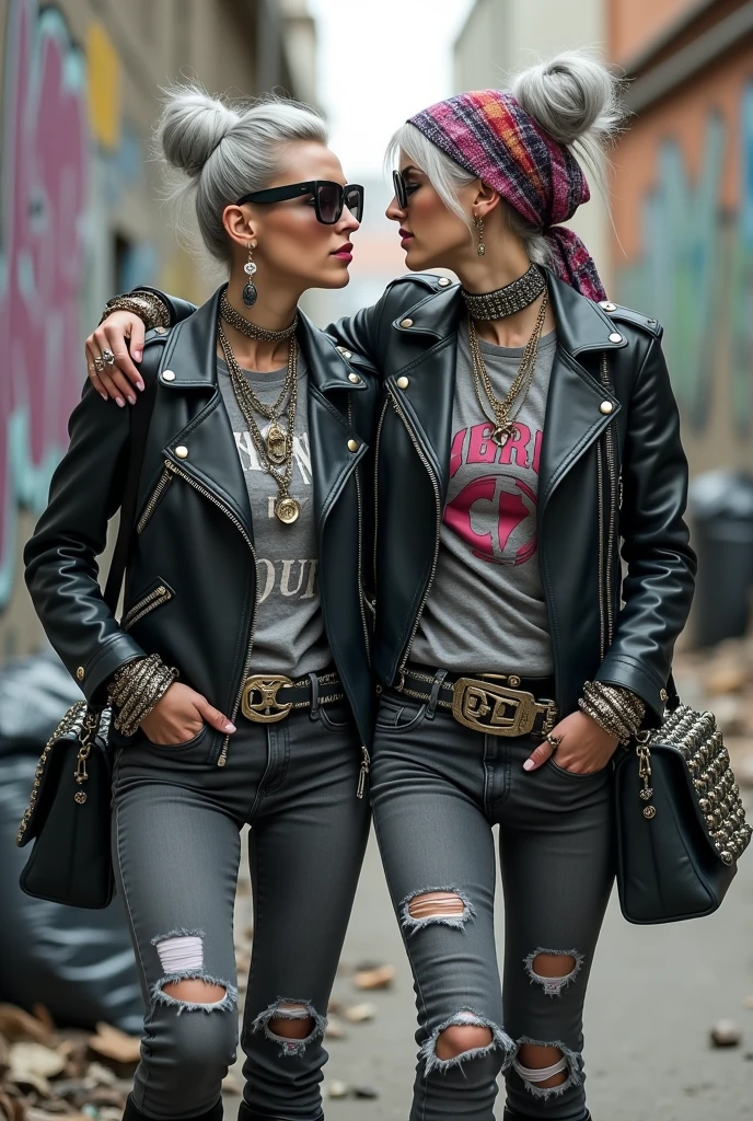Two russian milf women, one with the arm over the shoulder of the other (who feels a bit dizzy). grey hair (one: bouffant, top bun. The other, straight and middle part}and one wearing oversized square sunglasses and wide colourful bandana as headband), with very light green eyes, extremely pale. Big lips. No tan. Wearing aged black moto jacket (zippers on the side, skull and bones pins). Both: different old worn grey t-shirt with rock band logo. Both,, dark skinny low rise grey jeans with holes on knees ( patched with colourful fabric). Both:, dark grey worn jeans {with holes on knees) tucked in black leather knee high boots. . Lots of thick wide studded bracelets, chain collars and big rings. Both, high boots. Tacky wide studded leather belt with big skull and bones oval buckle. Long earrings with chains and feathers. Walking with hands in pockets, stretching her neck, craving., Neck, chest, stomach and wrists heavily tattoed. Toned abdominals, thin neck, slim legs and thin arms. Narrow hips and slim legs. Black leather studded tote bags. Graffitied wall behind, waste on the groun and piled garbage bags around.
