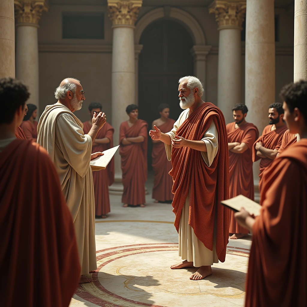 " Plato watching Aristotle teach" ,realistic image