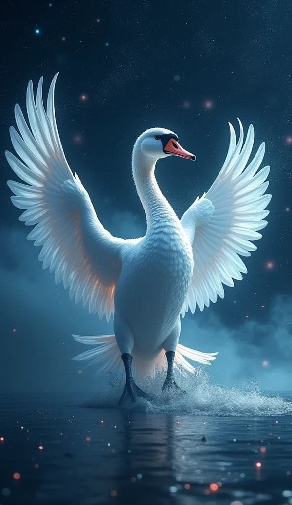 swan constellation, detailed swan bird, mythological greek deity zeus, celestial night sky, dramatic lighting, magical realism, ethereal, glowing, ethereal, hyper detailed, 8k, high resolution, masterpiece, cinematic lighting, dramatic, vibrant colors, chiaroscuro