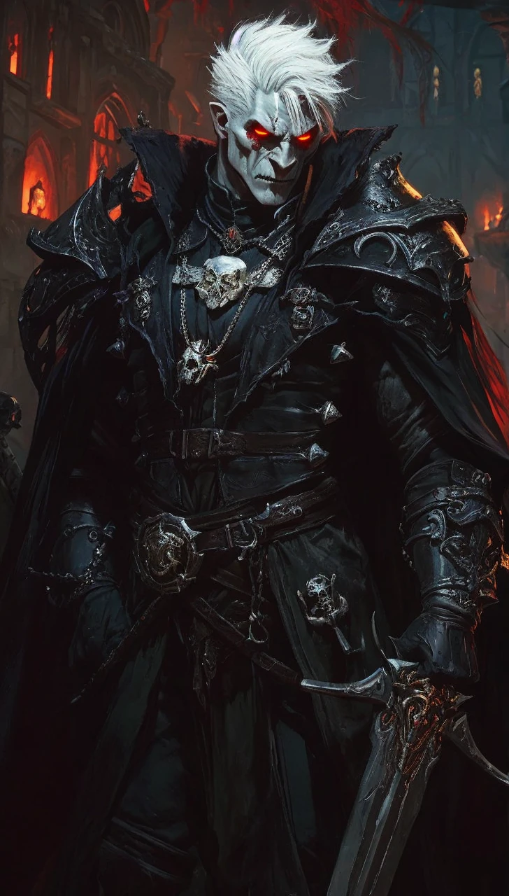 A RED ORC from the elden ring wearing a hugue black armor cover with gold and skulls.