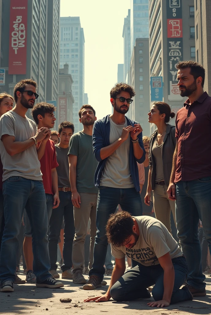 Create a group of casually dressed men and women crying and distressed in a city square standing with their hands on their heads and others kneeling and others looking up
