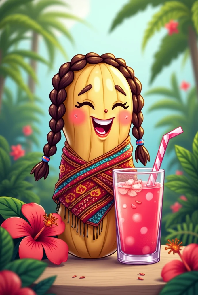 Peanut with a serape and braids in a cartoon with a hibiscus-flavored water