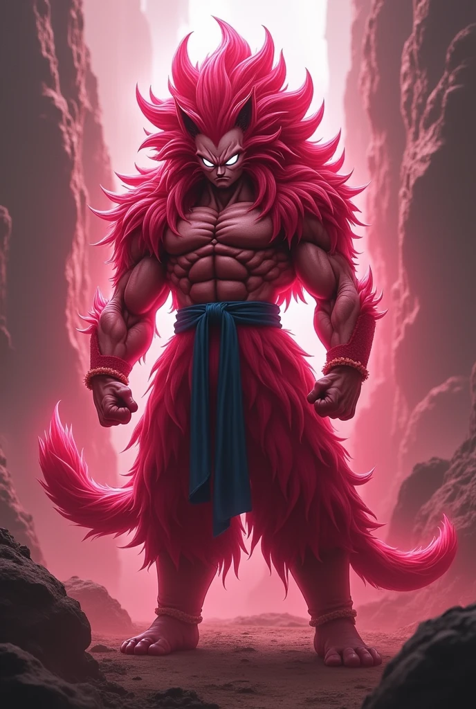 A saiyajin without pupils and the eyes were completely white and the hair and aura now had the color cranberry and they were similar to the SSJ, but more lions mane nicer and the entire body and the saiyajin tail is like in ssj 4 except the face covered with cranberry colored fur