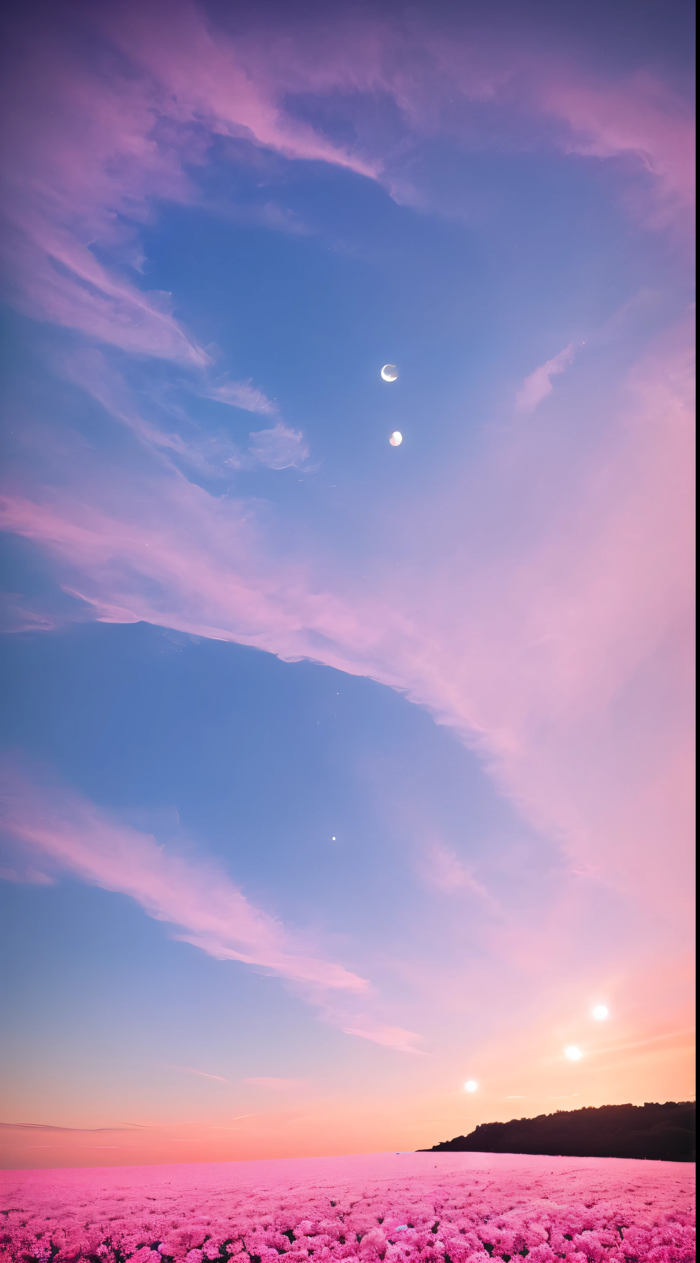Pink moon, pink sky, soft pink clouds, pink ocean waves sparkling, sparkling, pink roses on pink ocean, fantasy, diamond, crown, universe, soft lights,Heart Cloud Realistic、Real、high resolution、Panorama、Wide angle