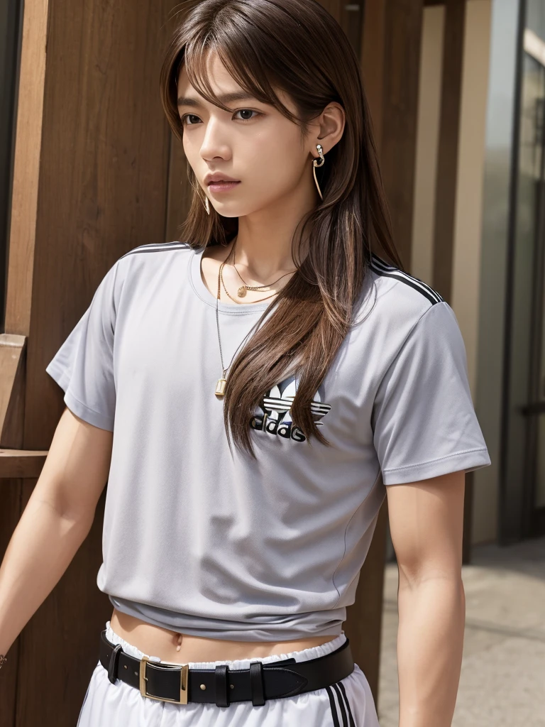 One person, chest, 大きなchest, , T-shirts Adidas Long Hair, Brown Hair, belt、Earrings, necklace