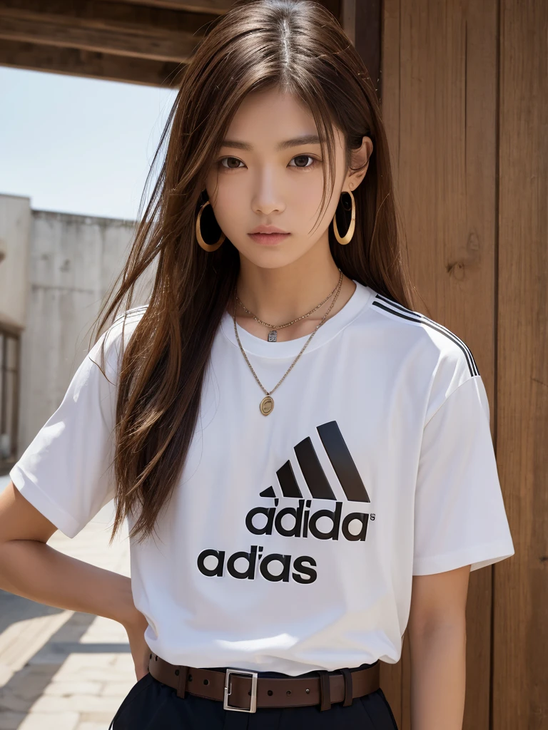 One person, chest, 大きなchest, , T-shirts Adidas Long Hair, Brown Hair, belt、Earrings, necklace