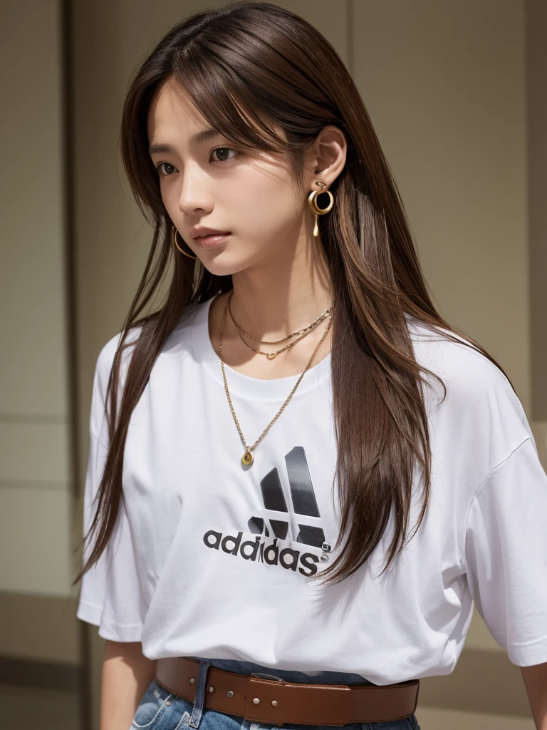 One person, chest, 大きなchest, , T-shirts Adidas Long Hair, Brown Hair, belt、Earrings, necklace