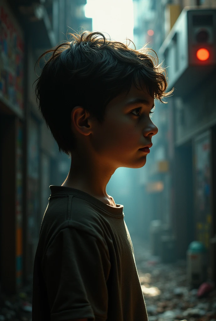 Create a photo realism depicting a quiet autistic boy who is born in a noisy world, who does not speak but when he does it's a wow. Make use of chiaroscuro