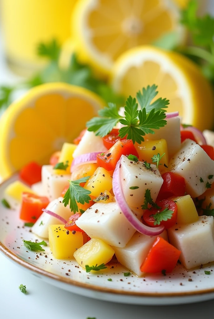 Create an image of this recipe:  White Fish Ceviche Ingredients:

- White fish fillet (like croaker or tilapia): 200 g - Lemon: 3 units - Red onion: 50 g - Yellow pepper: 50 g
- Cilantro fresco: 10 g
- Sal: 5 g - Pepper: 2 g
- Chile (Optional): 5 g Preparation:

1. Cut the fish into small cubes and place in a bowl..

2. Squeeze the lemon juice over the fish, making sure it is well covered. Marinate in the refrigerator for 30 minutes..

3. Corta la cebolla morada y el Pepper amarillo en juliana fina.

4. Add the onion, Pepper, chopped cilantro and chili (if you use it) to marinated fish.

5. Season with salt and pepper, Mix well and serve cold.
