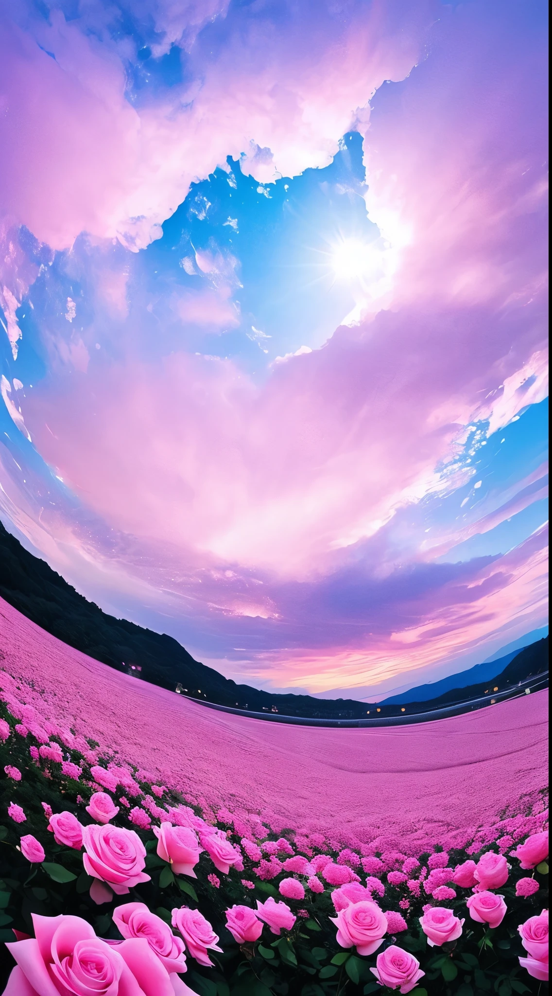 ハートの雲、Pink moon, pink sky, soft pink clouds, pink ocean waves sparkling, sparkling, pink roses on pink ocean, fantasy, diamond, crown, universe, soft lights,Heart Cloud Realistic、Real、high resolution、Panorama、Wide angle