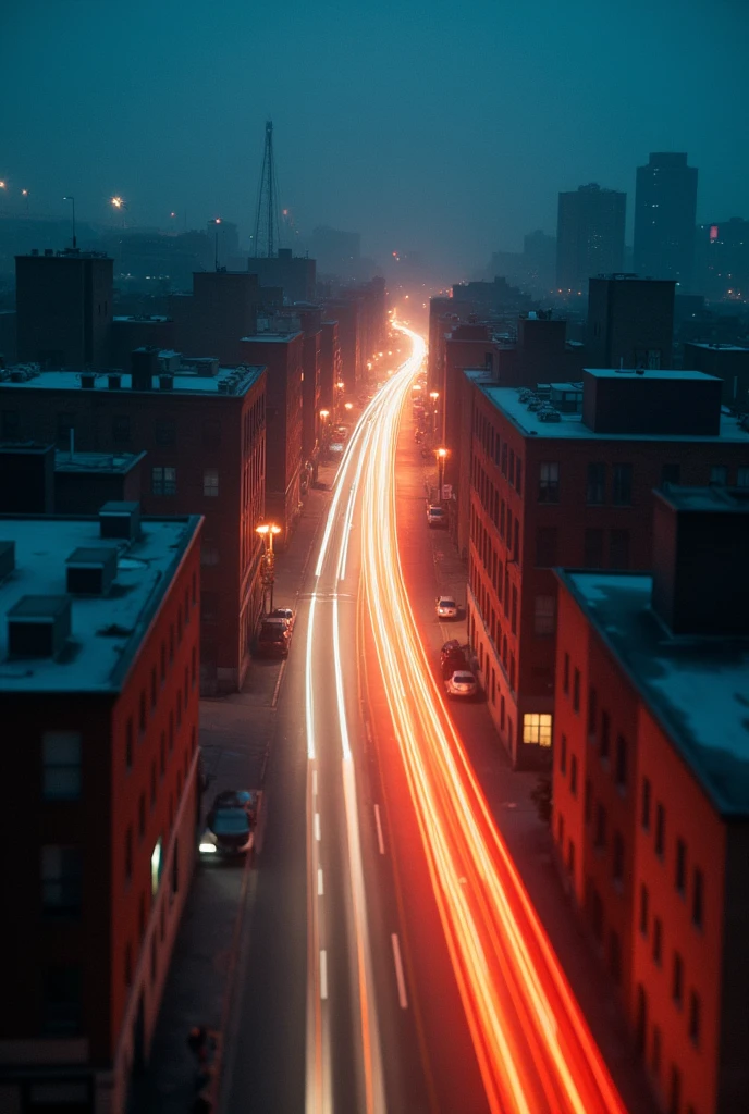A long-exposure shot of the city streets at night with a streak of light representing John’s super-speed motion. The streak weaves through the streets, up and down buildings, and across rooftops, illustrating his rapid movement through the cityscape.