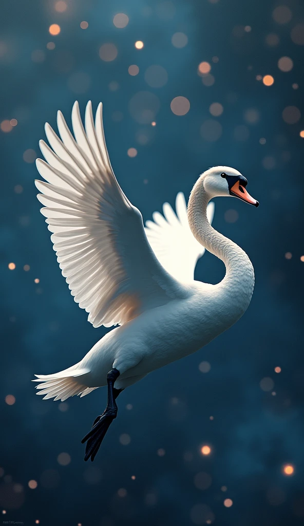 1 swan flying among stars, beautiful detailed eyes, beautiful detailed lips, extremely detailed wings and feathers, (best quality,4k,8k,highres,masterpiece:1.2),ultra-detailed,(realistic,photorealistic,photo-realistic:1.37),cinematic lighting,dramatic lighting,glowing stars,ethereal,mystical,serene,peaceful,spiritual,celestial,magical realism
