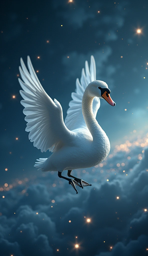1 swan flying among stars, beautiful detailed eyes, beautiful detailed lips, extremely detailed wings and feathers, (best quality,4k,8k,highres,masterpiece:1.2),ultra-detailed,(realistic,photorealistic,photo-realistic:1.37),cinematic lighting,dramatic lighting,glowing stars,ethereal,mystical,serene,peaceful,spiritual,celestial,magical realism