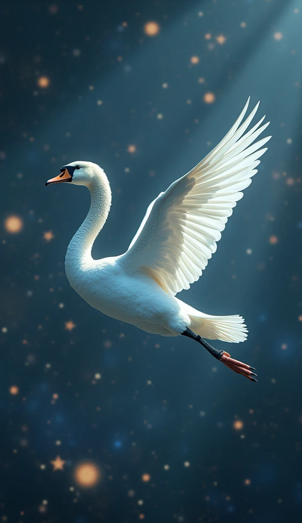 1 swan flying among stars, beautiful detailed eyes, beautiful detailed lips, extremely detailed wings and feathers, (best quality,4k,8k,highres,masterpiece:1.2),ultra-detailed,(realistic,photorealistic,photo-realistic:1.37),cinematic lighting,dramatic lighting,glowing stars,ethereal,mystical,serene,peaceful,spiritual,celestial,magical realism
