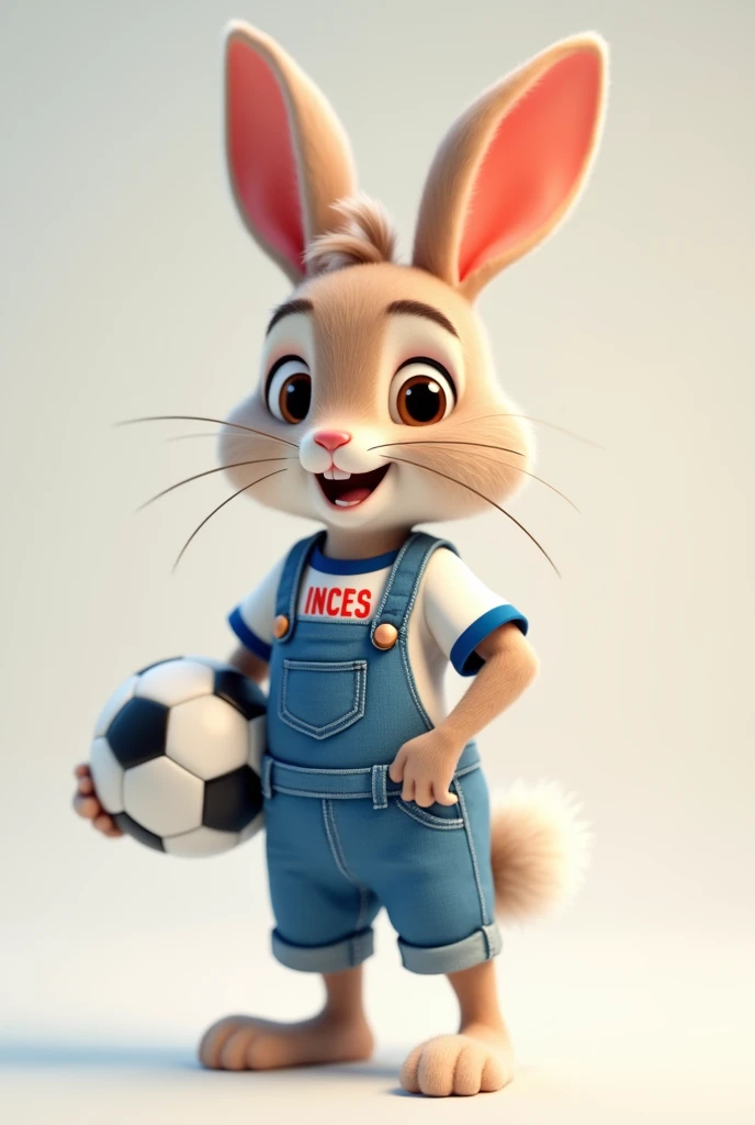 An animated rabbit wearing a white t-shirt with blue edges and blue overalls with a soccer ball and on the t-shirt you say inces in red