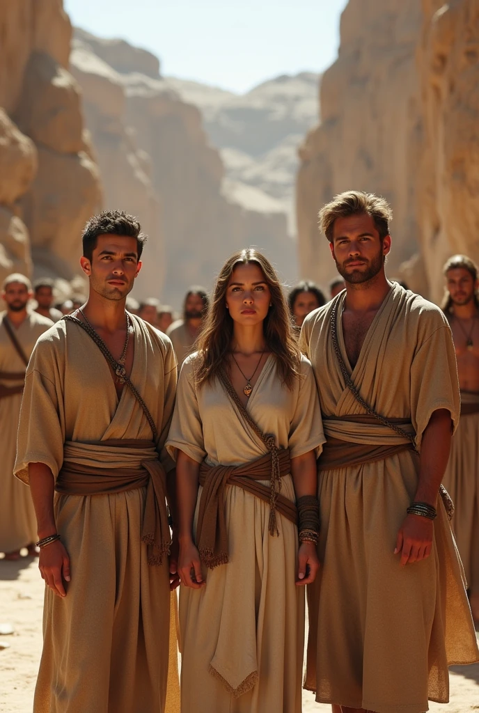 Generate realistic images of two young adult male and female couples, and an elderly couple in coarse tunics in the city of Moab who are based on the story of Ruth. All the characters must be good-looking.. All in one image