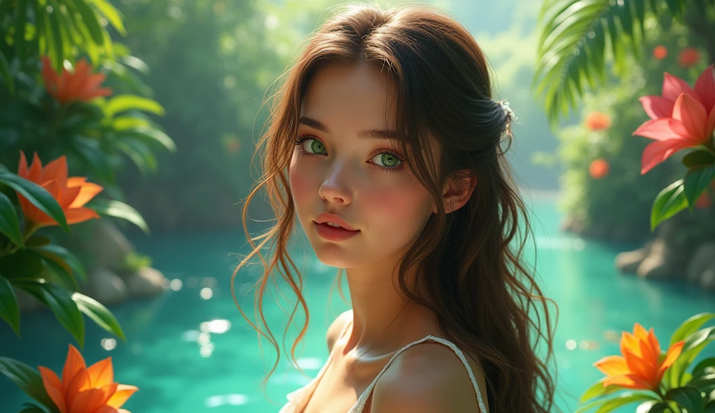 Beautiful girl in paradise,、Her hair color is brown.、 Eyes are emerald green