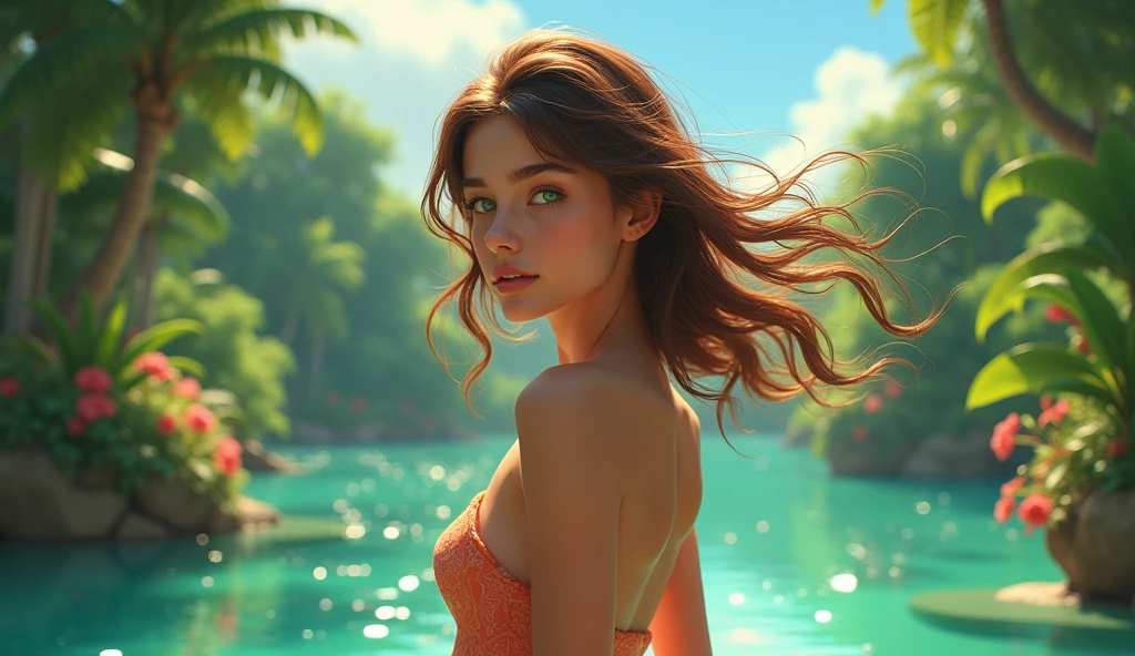 Beautiful girl in paradise,、Her hair color is brown.、 Eyes are emerald green