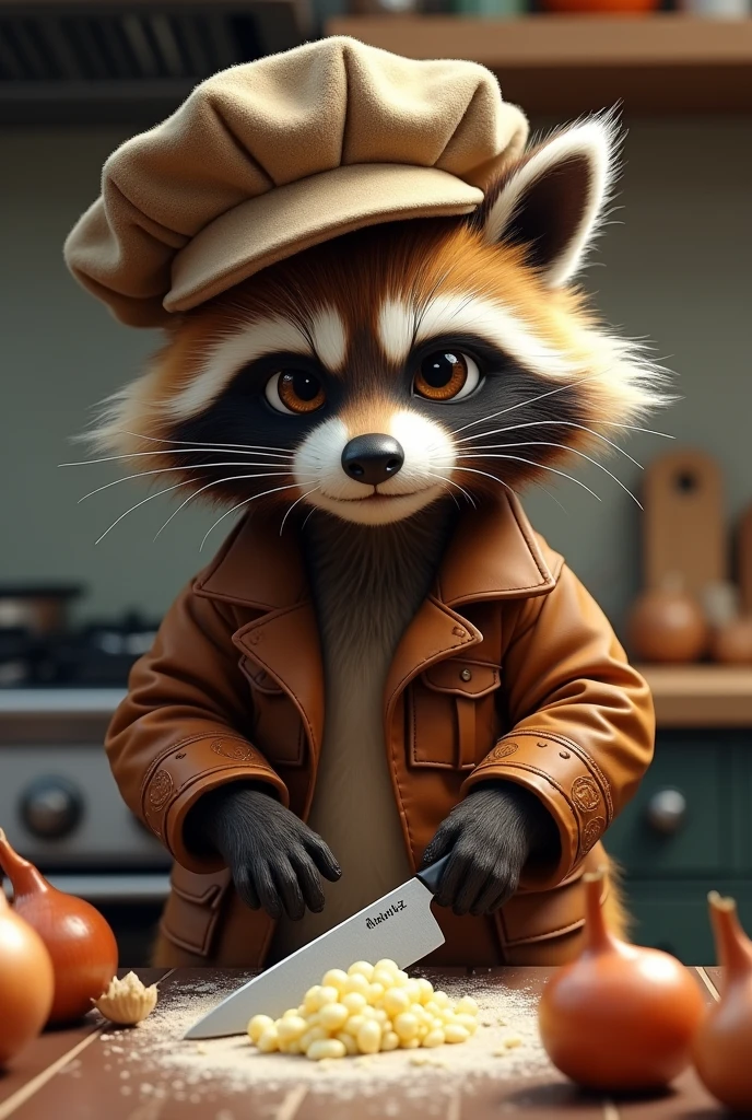 Generate the image of a half raccoon half fox animal, called kuzco, He is wearing a leather jacket and a chef's hat and is in a kitchen chopping onions.