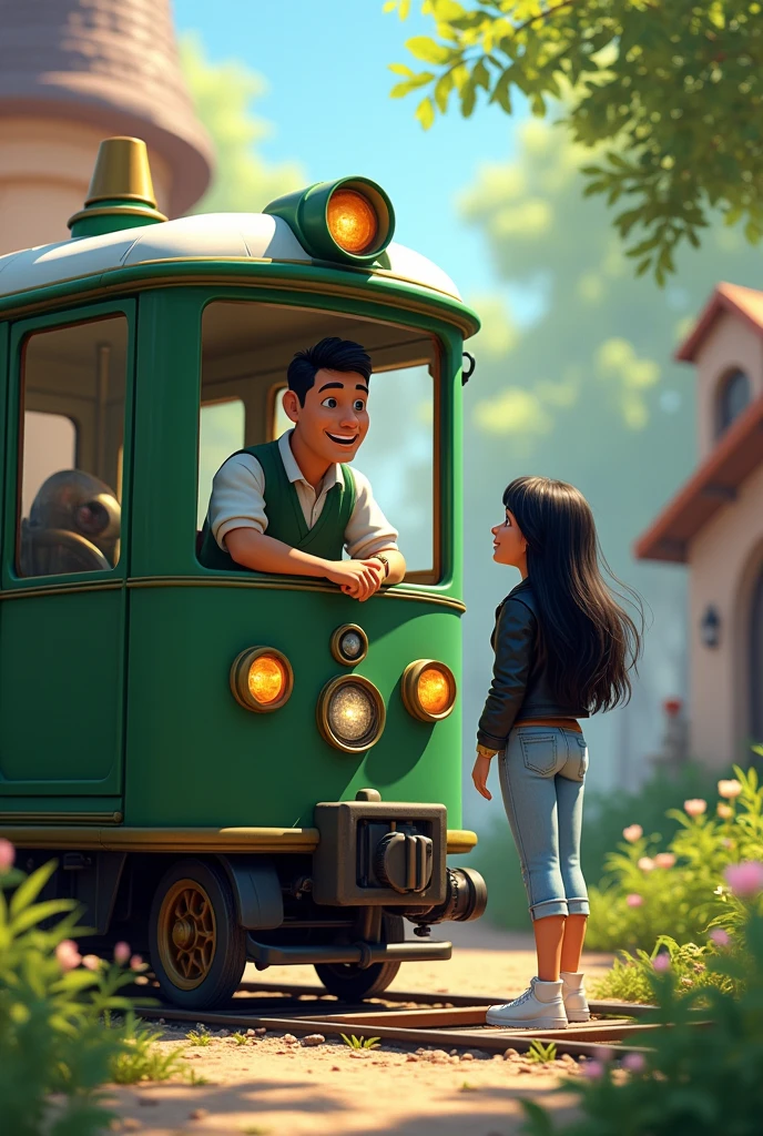 An image where a green and white train appears and inside there is a driver with a green vest and a light blue shirt. (greeting) y afuera esté una chica con cabello oscuro y largo greeting al conductor con jean celeste, White shoes, and black jacket, like a disney cartoon