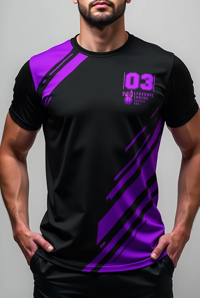 Make me a black t-shirt with purple stripes on the right, and in the corners of the shirt with a number on the right side of the chest and a purple ball on fire below the number