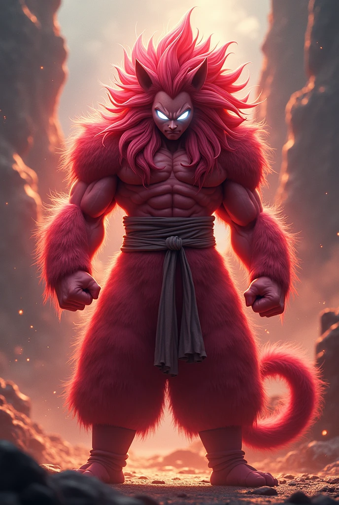 A saiyajin without pupils and the eyes were completely white and the hair and aura now had the color cranberry and they were similar to the SSJ, but more lions mane nicer and the entire body and the saiyajin tail is like in ssj 4 except the face covered with cranberry colored fur