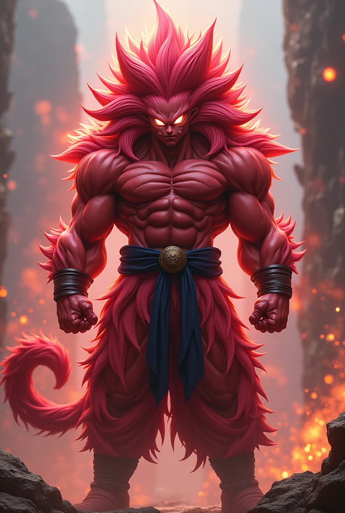 A saiyajin without pupils and the eyes were completely white and the hair and aura now had the color cranberry and they were similar to the SSJ, but more lions mane nicer and the entire body and the saiyajin tail is like in ssj 4 except the face covered with cranberry colored fur