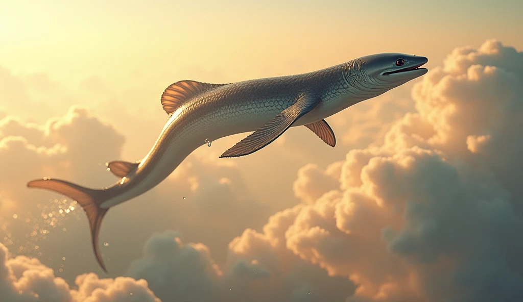 Photorealistic、Ultra HD、An eel is flying in the sky facing up、The eel is flying upwards with vigor