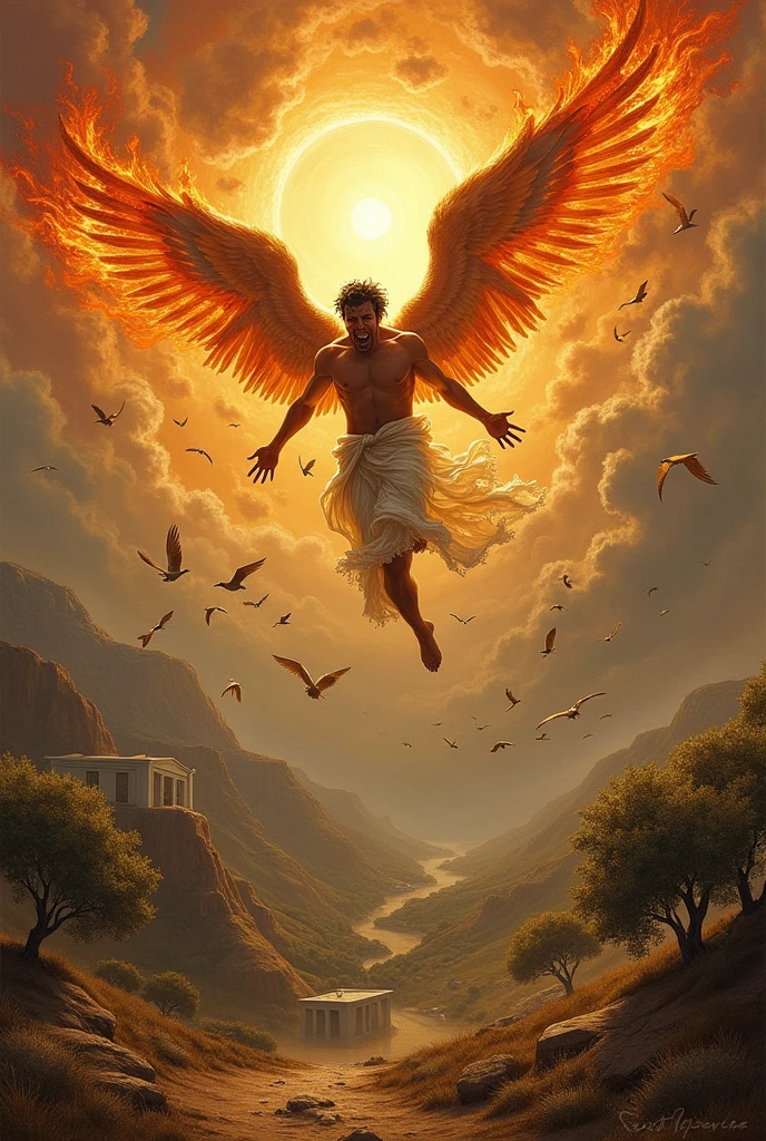 The flight of Icarus burning his wings close to the sun, with wings on fire With some birds next to him and the background scenery is ancient Greece 