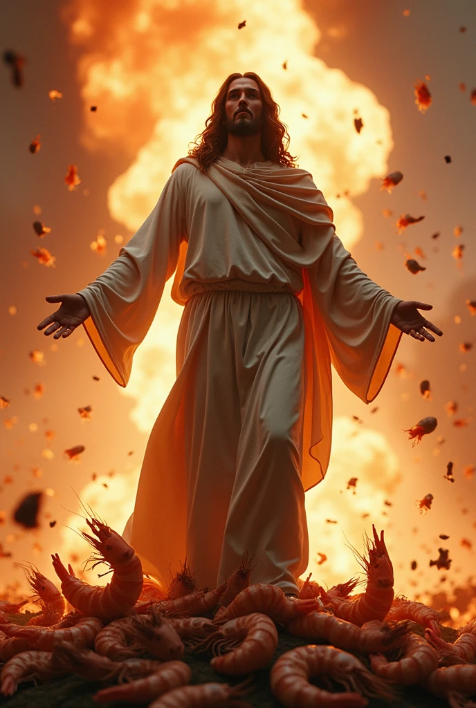 Jesus Christ Almighty with background explosions and shrimps