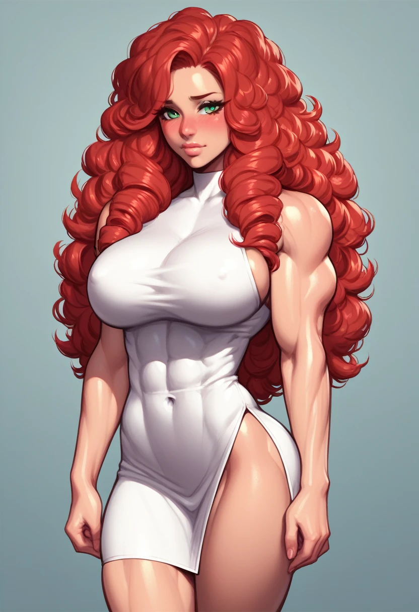 score_5_up,score_6_up,score_7_up,
1girl, solo, standing, shy, blush, wearing (taut white dress), side_slit, muscular female, large breasts, thighs, long hair, red hair, curly hair, green eyes, skindentation, covered navel
