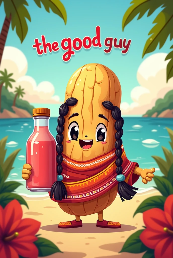 Peanut with a serape and braids in a cartoon with a hibiscus-flavored water and add the phrase "the good guy" It is a company logo