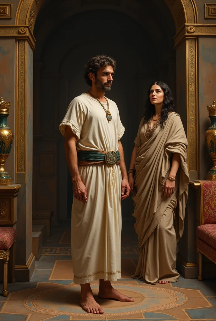 Biblical character Joseph with a closed tunic, aged 35, in Potiphar's house with a woman watching him