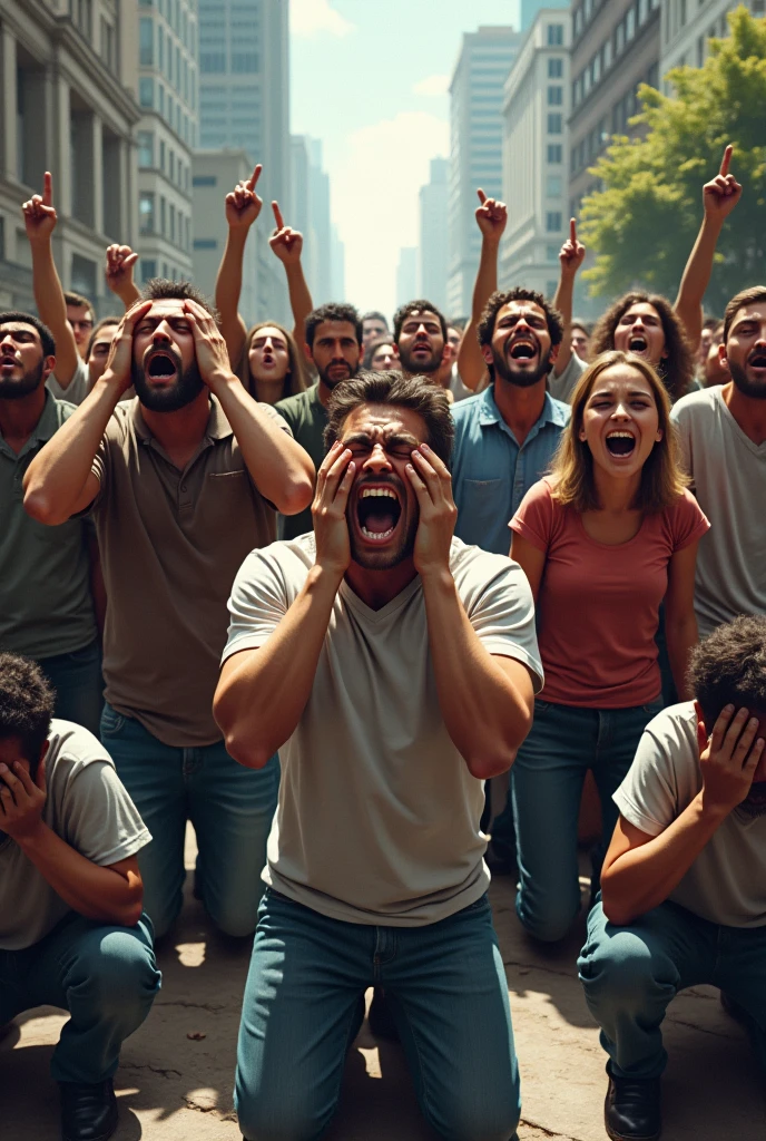 Create a group of casually dressed men and women crying desperately and distressed in a city square standing with their hands on their heads and others kneeling and others looking and pointing up