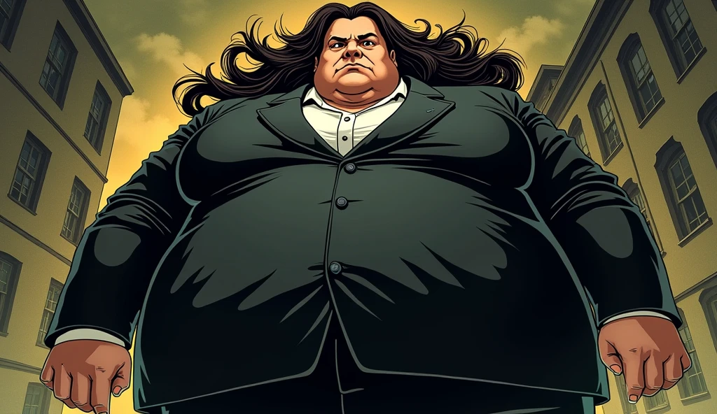 beautiful long haired morbidly obese female mob boss, her outfit is a black mobster suit, she farts and an olive green stench comes out of her buttcheeks, comic artstyle