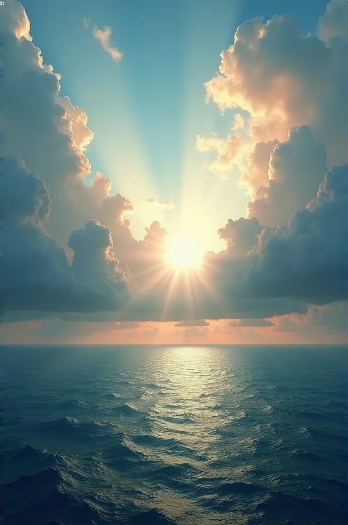 Ocean scenary with cloudy sky with sun light coming thought the clouds