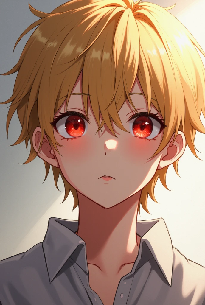 Blonde teenage boy red eyes anime style